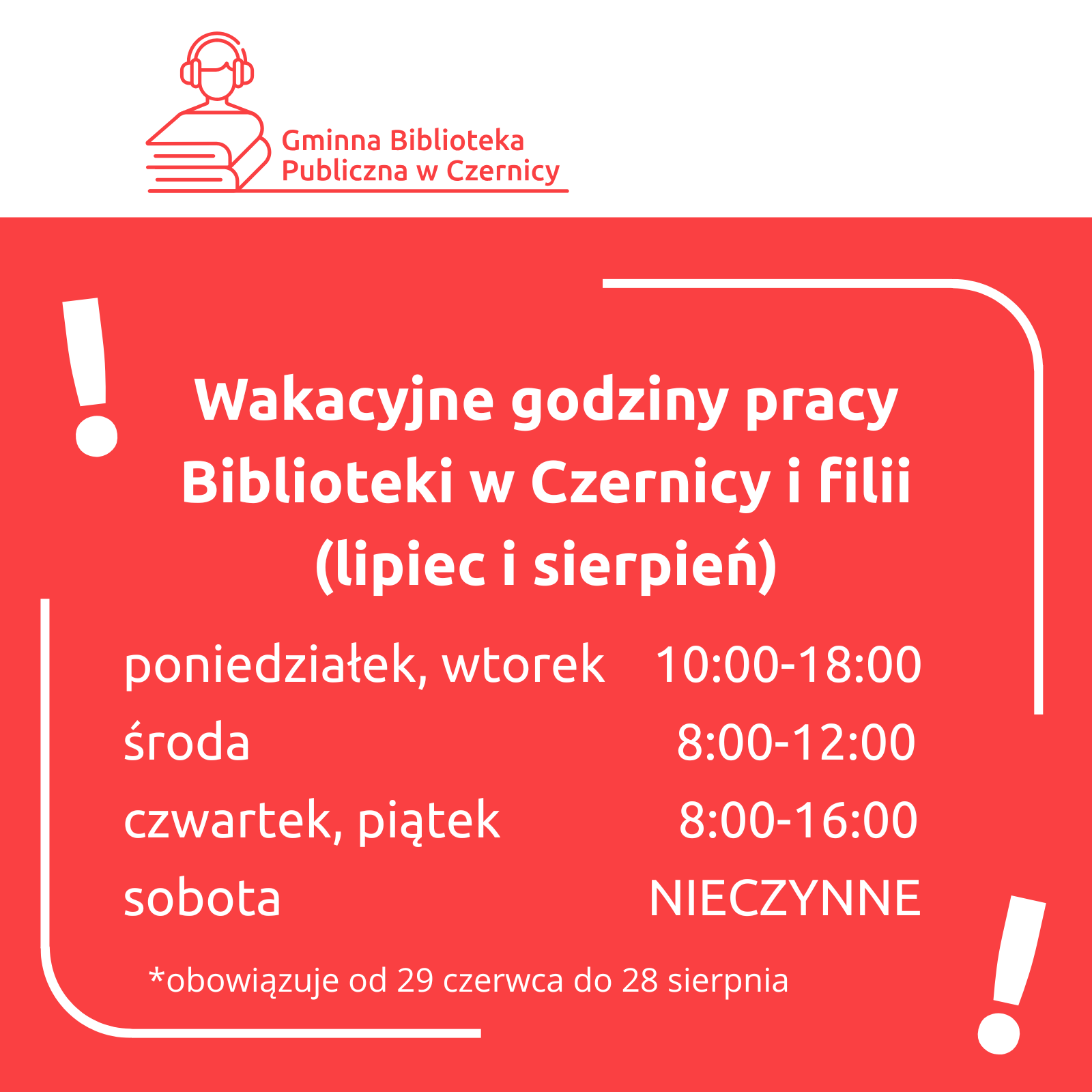 Wakacyjne godziny pracy Biblioteki w Czernicy i filii